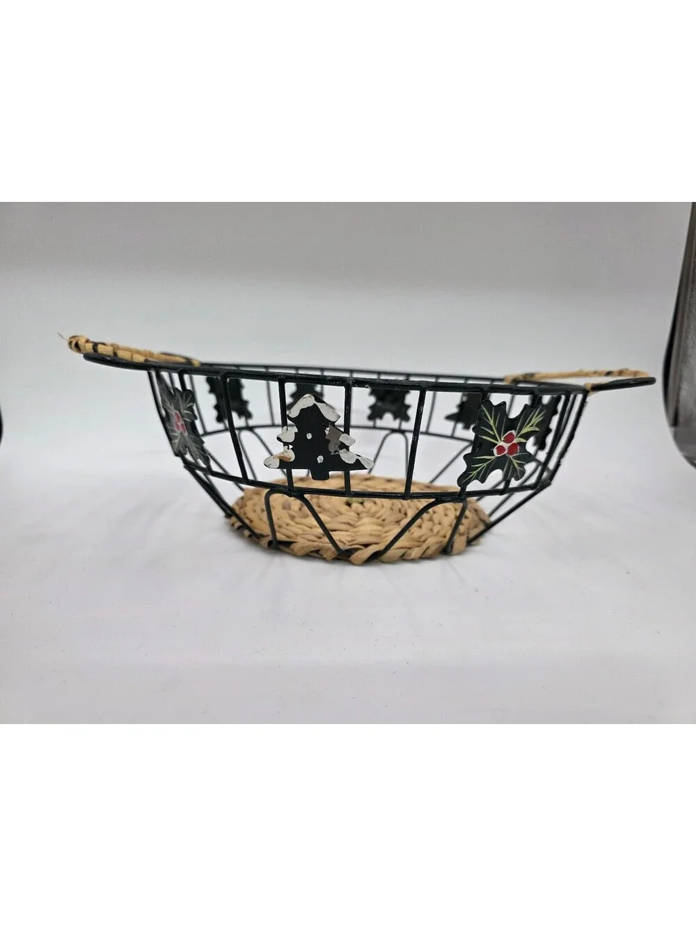 Decorative Woven and Metal Holiday Basket with Handles